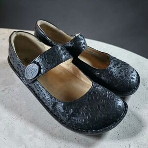 Alegria Black Leather Embossed Mary Jane Buckle Clogs PAL-435 Womens 41 / 9.5